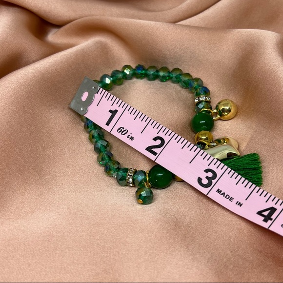 Green Crystal Gold Spacer Heart Charm Tassel Bracelet - Picture 2 of 4